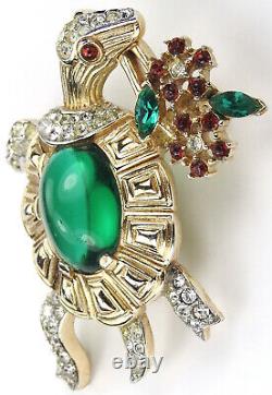 Trifari Alfred Philippe Emerald Cabochon Turtle Holding a Bouquet of Flowers Pin