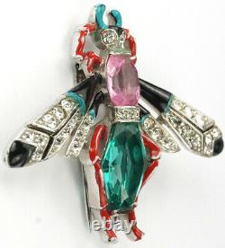 Trifari'Alfred Philippe' Emerald and Pink Topaz Pave and Enamel Bug Pin Clip