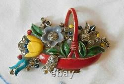 Trifari Alfred Philippe Enamel Flower Rhinestone Basket Pin Clip BOOK PIECE 1940