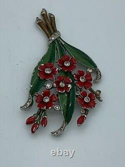 Trifari'Alfred Philippe' Enamel Red Floral Bouquet Pin Clip (L175)