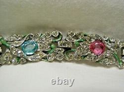 Trifari Alfred Philippe Floral Bracelet Aqua/pink/clr Rhinestones & Grn Enamel