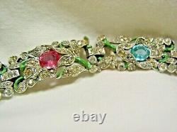 Trifari Alfred Philippe Floral Bracelet Aqua/pink/clr Rhinestones & Grn Enamel