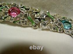 Trifari Alfred Philippe Floral Bracelet Aqua/pink/clr Rhinestones & Grn Enamel