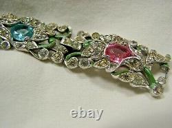 Trifari Alfred Philippe Floral Bracelet Aqua/pink/clr Rhinestones & Grn Enamel