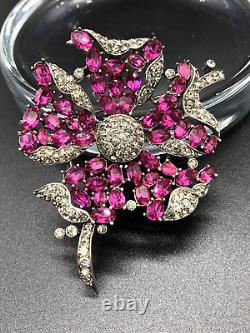 Trifari Alfred Philippe Fuchsia Ruby & Black Diamond Petalled Rose Flower Brooch