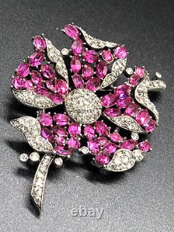 Trifari Alfred Philippe Fuchsia Ruby & Black Diamond Petalled Rose Flower Brooch