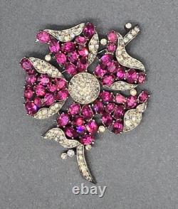 Trifari Alfred Philippe Fuchsia Ruby & Black Diamond Petalled Rose Flower Brooch