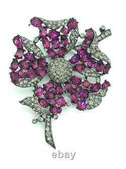 Trifari Alfred Philippe Fuchsia Ruby & Black Diamond Petalled Rose Flower Brooch