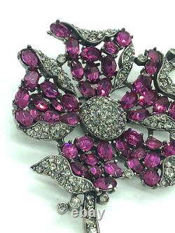 Trifari Alfred Philippe Fuchsia Ruby & Black Diamond Petalled Rose Flower Brooch