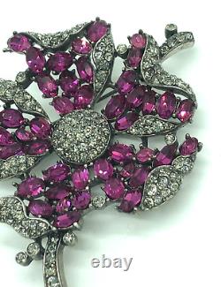 Trifari Alfred Philippe Fuchsia Ruby & Black Diamond Petalled Rose Flower Brooch