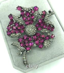 Trifari Alfred Philippe Fuchsia Ruby & Black Diamond Petalled Rose Flower Brooch