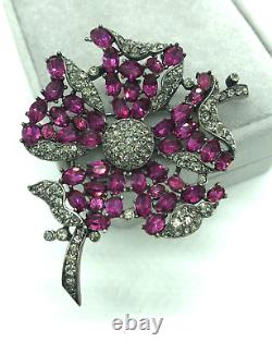 Trifari Alfred Philippe Fuchsia Ruby & Black Diamond Petalled Rose Flower Brooch