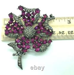 Trifari Alfred Philippe Fuchsia Ruby & Black Diamond Petalled Rose Flower Brooch