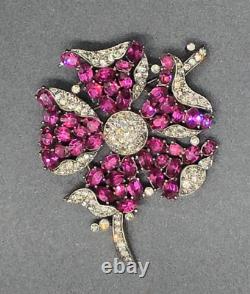 Trifari Alfred Philippe Fuchsia Ruby & Black Diamond Petalled Rose Flower Brooch