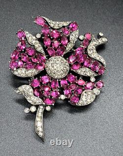 Trifari Alfred Philippe Fuchsia Ruby & Black Diamond Petalled Rose Flower Brooch