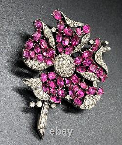 Trifari Alfred Philippe Fuchsia Ruby & Black Diamond Petalled Rose Flower Brooch