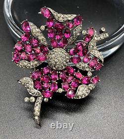 Trifari Alfred Philippe Fuchsia Ruby & Black Diamond Petalled Rose Flower Brooch