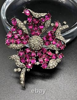 Trifari Alfred Philippe Fuchsia Ruby & Black Diamond Petalled Rose Flower Brooch