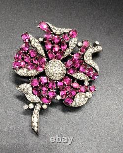 Trifari Alfred Philippe Fuchsia Ruby & Black Diamond Petalled Rose Flower Brooch