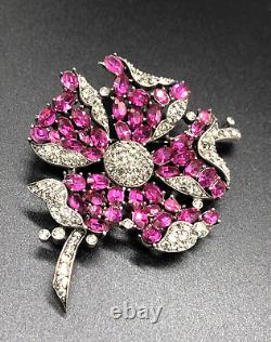 Trifari Alfred Philippe Fuchsia Ruby & Black Diamond Petalled Rose Flower Brooch