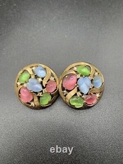 Trifari Alfred Philippe Gold Pastel moonglow Fruit Salads Circle Clip Earrings