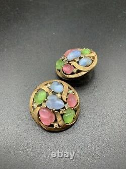 Trifari Alfred Philippe Gold Pastel moonglow Fruit Salads Circle Clip Earrings
