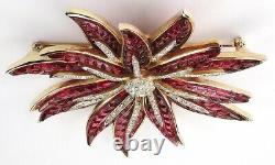 Trifari Alfred Philippe Gold Pave Invisibly Set Ruby Poinsettia Star Flower Pin