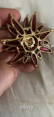 Trifari Alfred Philippe Gold Pave Invisibly Set Ruby Poinsettia Star Flower Pin