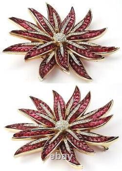 Trifari Alfred Philippe Gold Pave Invisibly Set Ruby Poinsettia Star Flower Pin