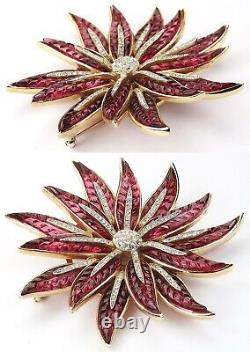 Trifari Alfred Philippe Gold Pave Invisibly Set Ruby Poinsettia Star Flower Pin