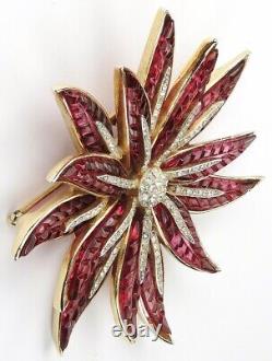 Trifari Alfred Philippe Gold Pave Invisibly Set Ruby Poinsettia Star Flower Pin