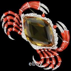 Trifari'Alfred Philippe' Gold Pave Red Enamel and Citrine Giant Crab Pin