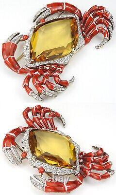 Trifari'Alfred Philippe' Gold Pave Red Enamel and Citrine Giant Crab Pin