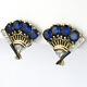 Trifari'Alfred Philippe' Gold Pave Sapphire and Enamel Fan Clip Earrings