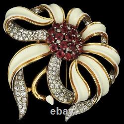 Trifari Alfred Philippe Gold Pave White Enamel & Rubies Passion Flower Pin Clip