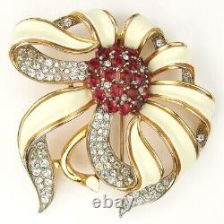 Trifari Alfred Philippe Gold Pave White Enamel & Rubies Passion Flower Pin Clip