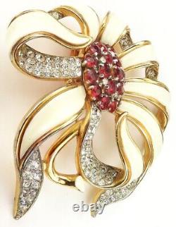 Trifari Alfred Philippe Gold Pave White Enamel & Rubies Passion Flower Pin Clip