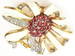 Trifari Alfred Philippe Gold Pave White Enamel & Rubies Passion Flower Pin Clip