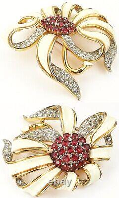 Trifari Alfred Philippe Gold Pave White Enamel & Rubies Passion Flower Pin Clip