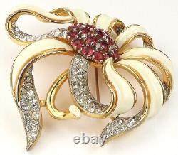 Trifari Alfred Philippe Gold Pave White Enamel & Rubies Passion Flower Pin Clip