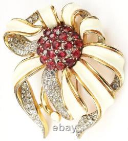Trifari Alfred Philippe Gold Pave White Enamel & Rubies Passion Flower Pin Clip
