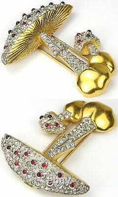 Trifari'Alfred Philippe' Gold Pave and Ruby Cabochons Double Mushroom Pin Clip