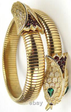 Trifari'Alfred Philippe' Gold Rubies and Emeralds Elasticated Snake Bracelet