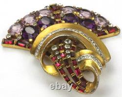 Trifari'Alfred Philippe' Gold Ruby and Amethyst Fan Swirl Pin Clip
