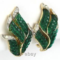 Trifari'Alfred Philippe' Gold and Invisibly Set Emerald Leaf Clip Earrings
