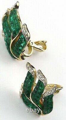 Trifari'Alfred Philippe' Gold and Invisibly Set Emerald Leaf Clip Earrings