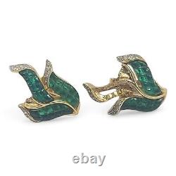 Trifari Alfred Philippe Gold and Invisibly Set Emerald Leaf Clip Earrings REPAIR