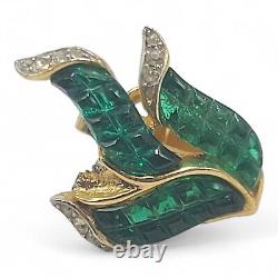 Trifari Alfred Philippe Gold and Invisibly Set Emerald Leaf Clip Earrings REPAIR