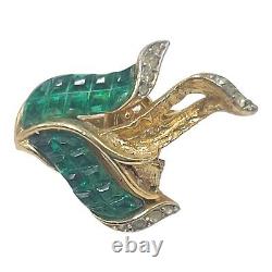 Trifari Alfred Philippe Gold and Invisibly Set Emerald Leaf Clip Earrings REPAIR