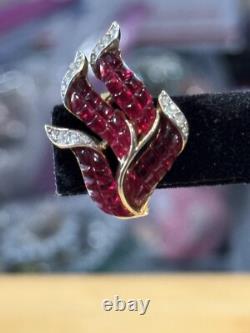 Trifari'Alfred Philippe' Gold and Invisibly Set Ruby Leaf Clip Earrings RARE